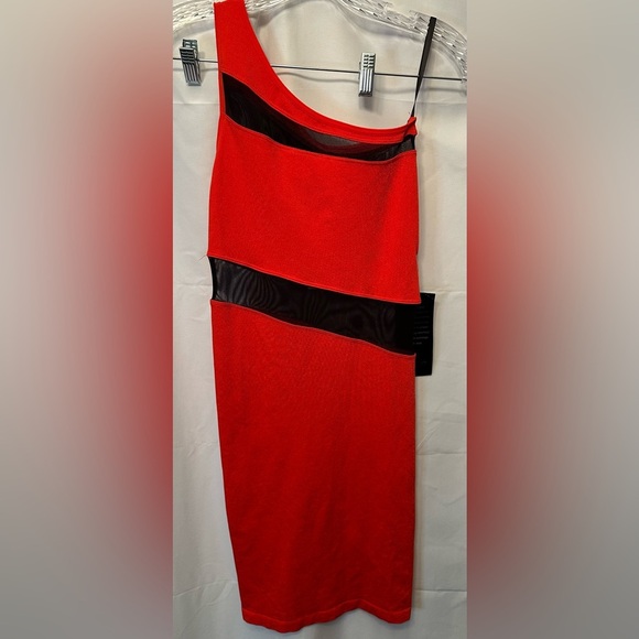 NWT BEBE Dress Bodycon One Shoulder Red Black Mesh Sheer Size Small Petite - Picture 8 of 10